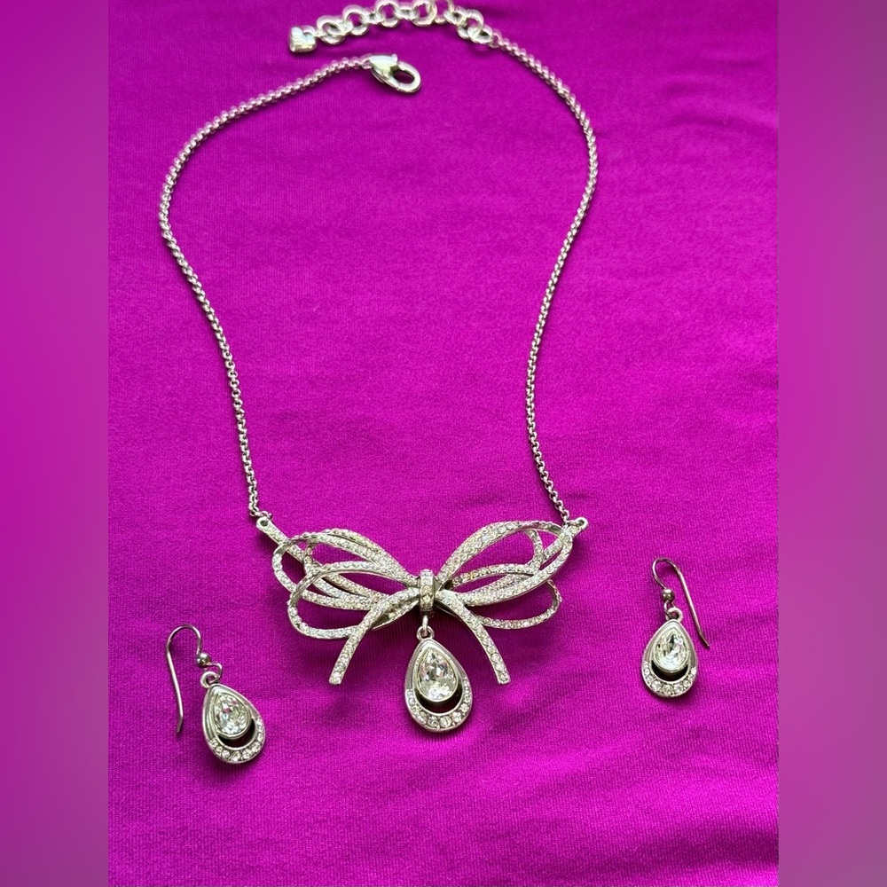 Brighton Silver Bow Necklace and Earring Set